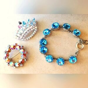 Lot Of Vintage B. David  Rhinestone Crown Brooch, Blue Bracelet, Pink Brooch